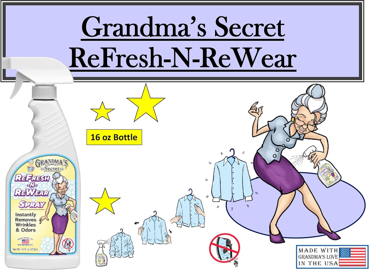 Grandma's Secret Spot Remover Laundry Spray - Chlorine, Bleach and Toxin-Free Fabric Stain Remover for Clothes - Removes Oil, Paint, Blood and Pet Stains - 16 Oz, 2 Pack