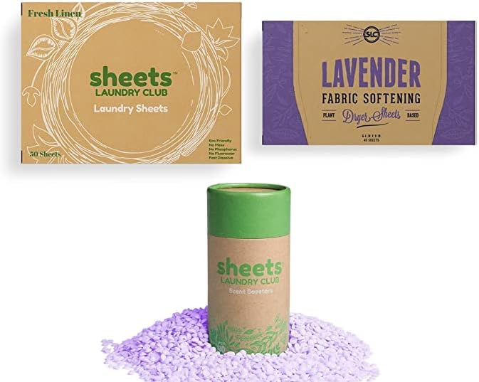 Sheets Laundry Club - 50 Fresh Linen(up to 100 loads) Laundry Detergent Sheets - 40 Lavender Dryer Sheets, 8oz Lavender Scent Booster Tube. Good for the earth and a breeze to use. Hypoallergenic