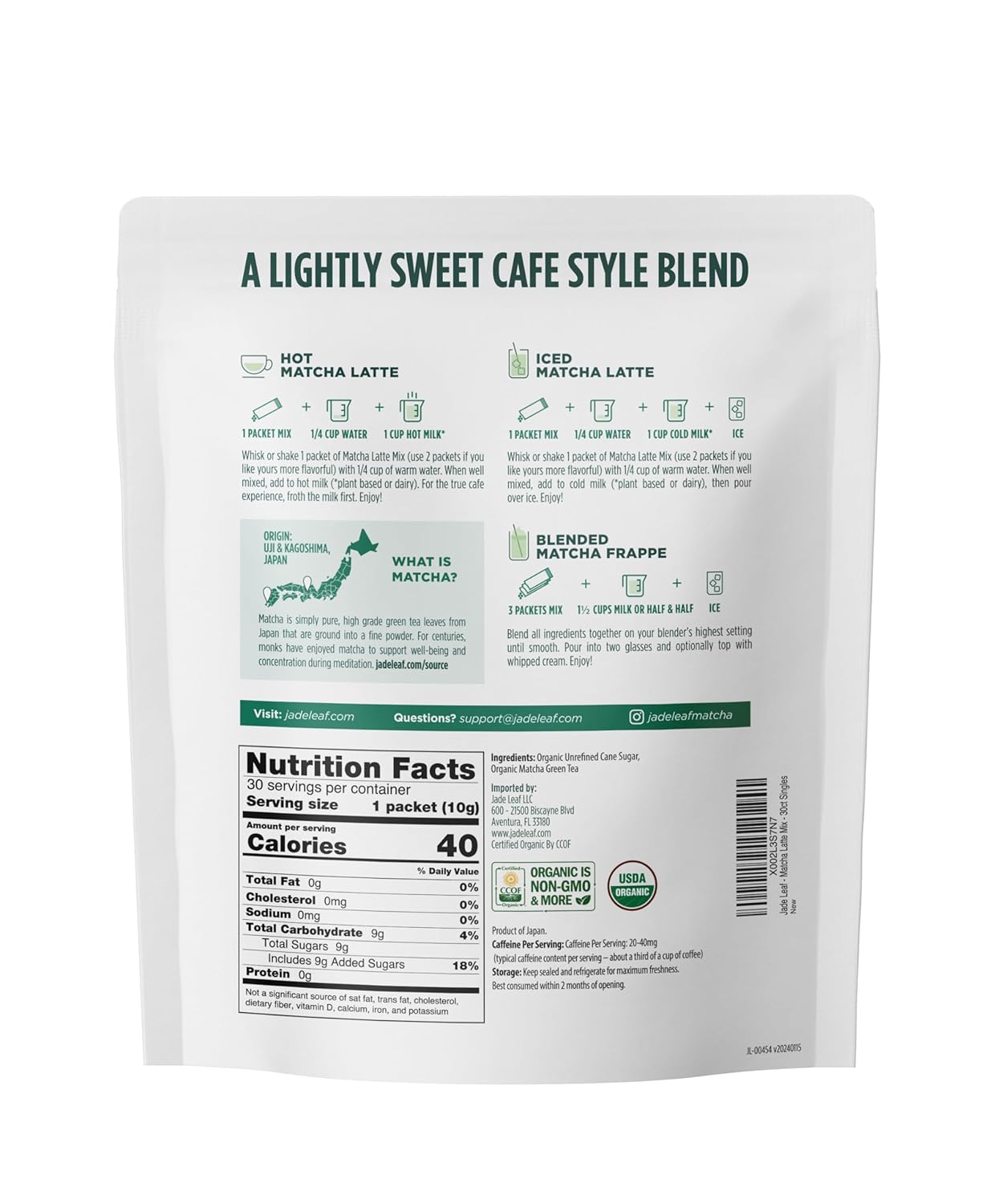 Jade Leaf Matcha Organic Café Style Sweetened Matcha Latte Premium Barista Crafted Mix - Original - Authentically Japanese (5.3 Ounce Pouch)