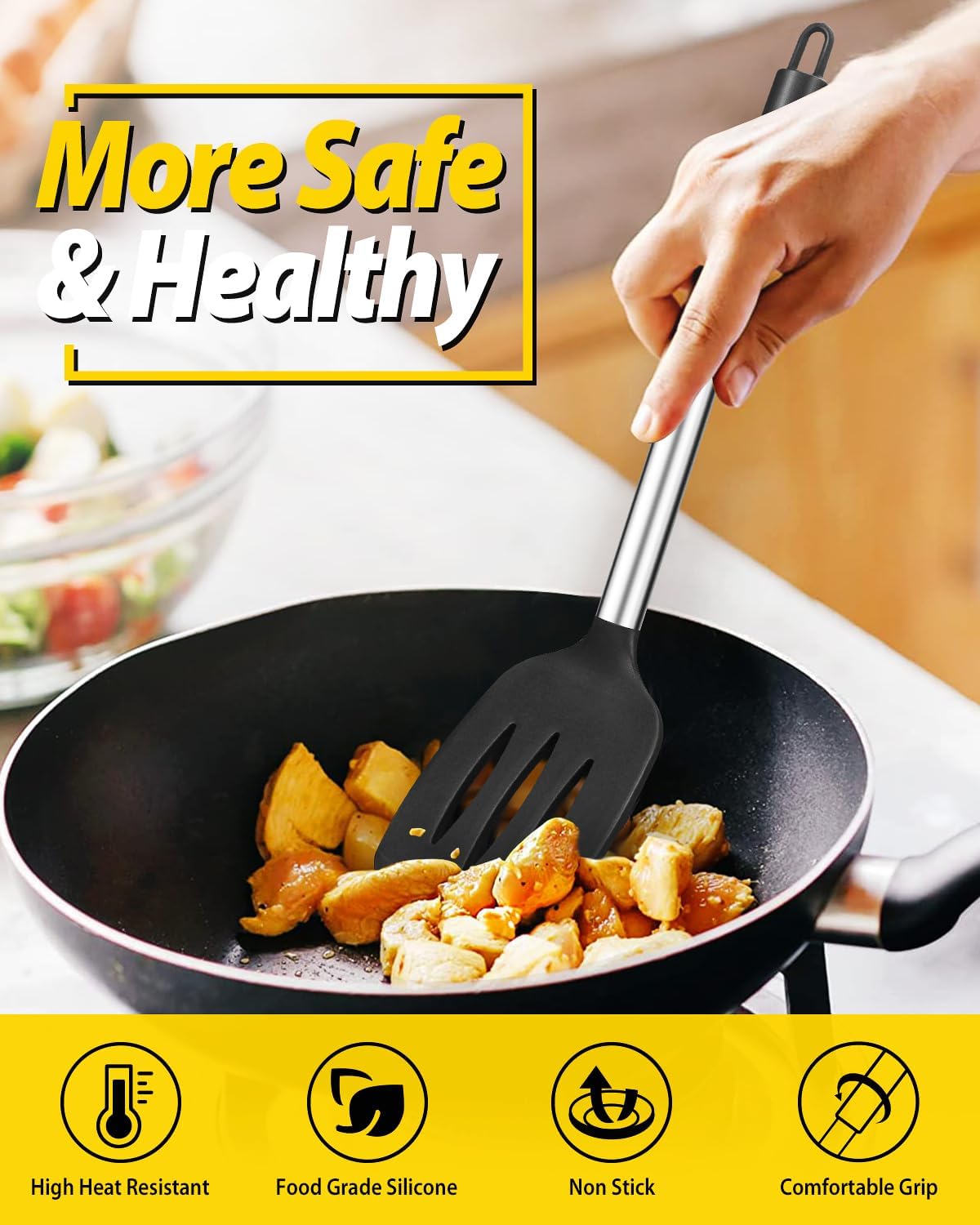 Pack of 2 Silicone Solid Turner,Non Stick Slotted Kitchen Spatulas,High Heat Resistant BPA Free Cooking Utensils,Ideal Cookware for Fish,Eggs,Pancakes (Black)