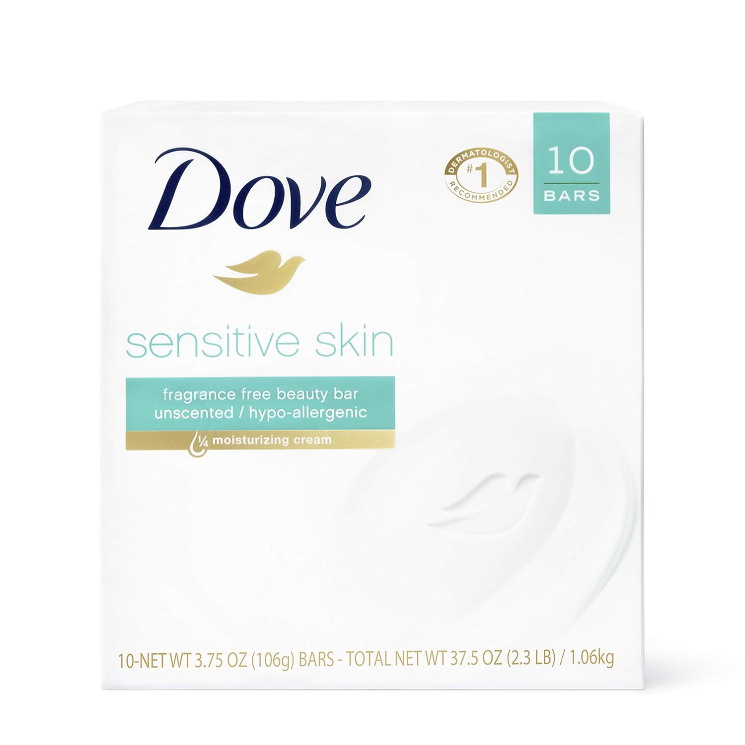 Dove Beauty Bar More Moisturizing Than Bar Soap for Softer Skin, Fragrance-Free, Hypoallergenic Beauty Bar Sensitive Skin With Gentle Cleanser 3.75 oz 14 Bars