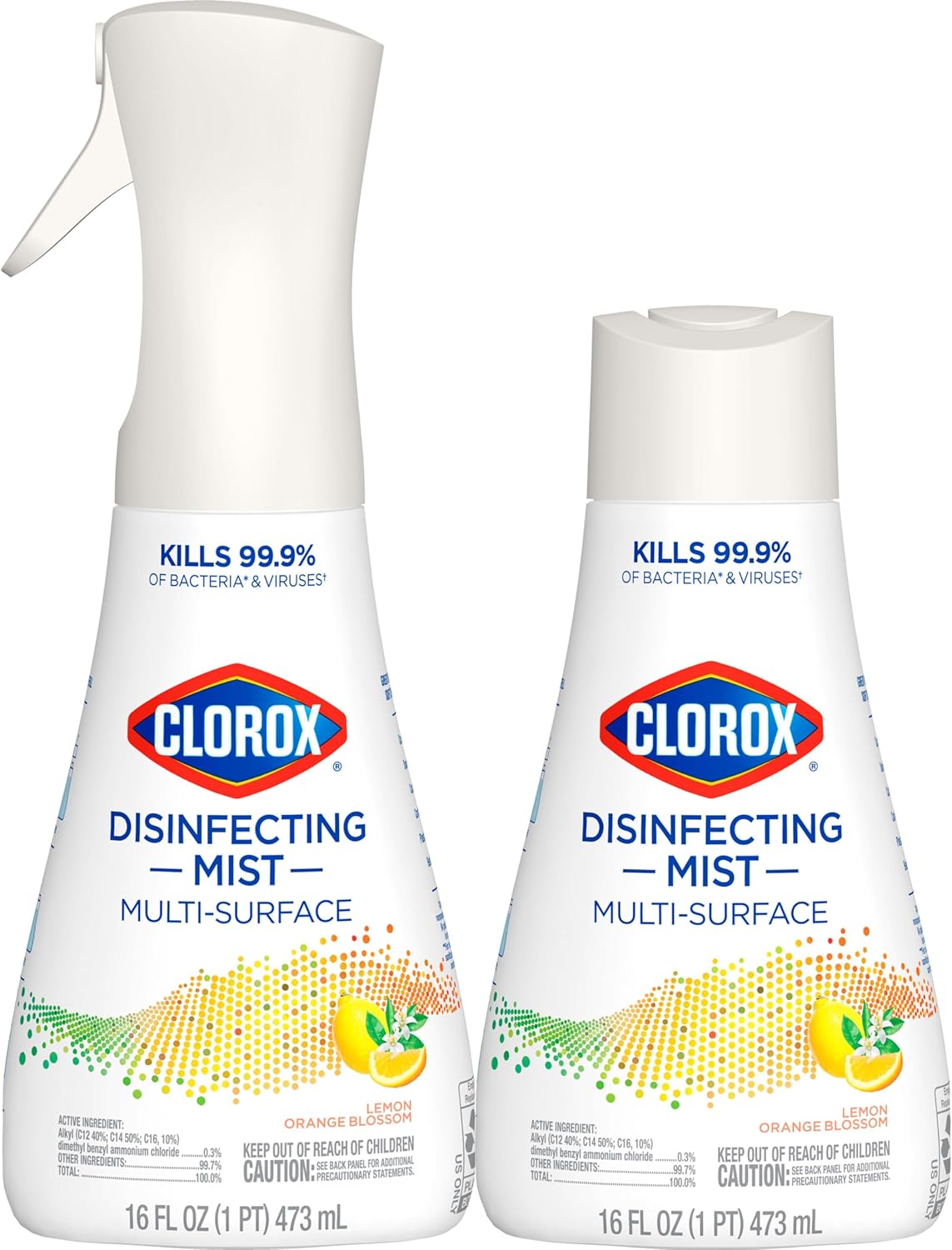 Clorox Disinfecting Mist, Lemon and Orange Blossom, Household Essentials, 1 Spray Bottle and 1 Refill, 16 Fl Oz Each