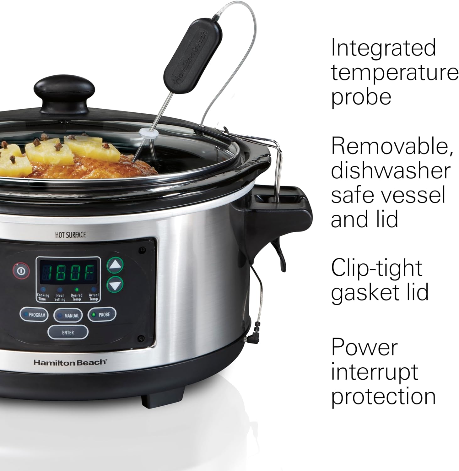 Hamilton Beach Portable 6 Quart Set & Forget Digital Programmable Slow Cooker with Lid Lock, Temperature Probe, Dishwasher Safe Crock & Lid, Black Stainless (33866)