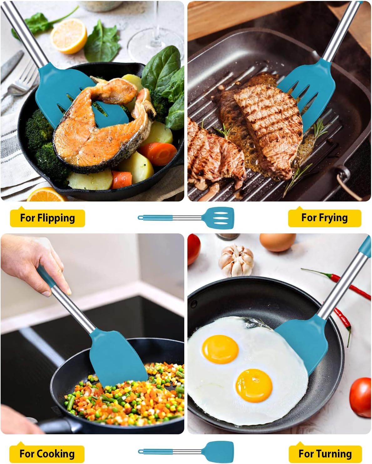 Pack of 2 Silicone Solid Turner,Non Stick Slotted Kitchen Spatulas,High Heat Resistant BPA Free Cooking Utensils,Ideal Cookware for Fish,Eggs,Pancakes (Black)