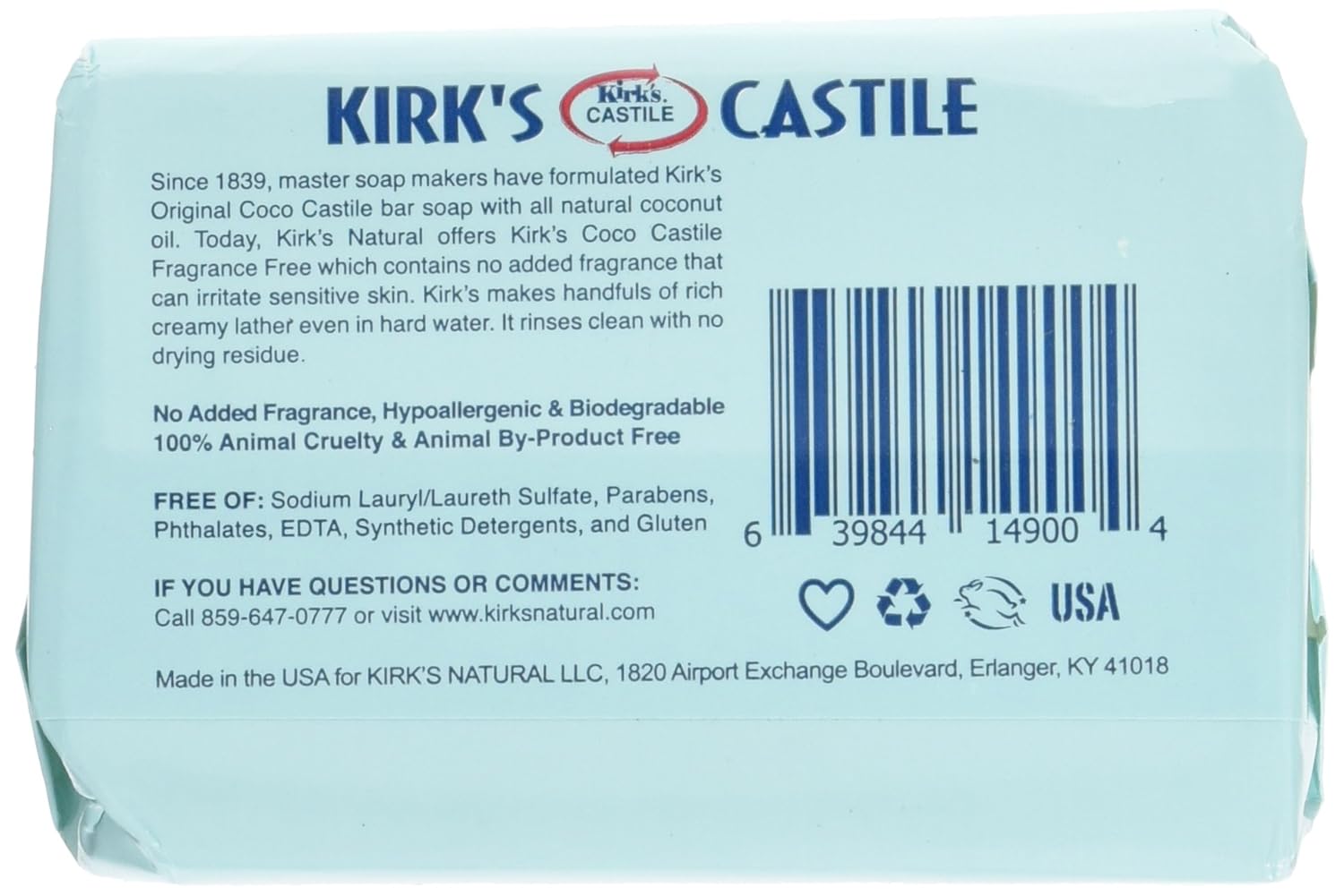 Kirk's Castile Bar Soap for Men, Women & Children - Made With Premium Coconut Oil, Sensitive Skin Formula, Vegan, Non GMO, Original Fresh Scent, 4 oz. Bars, 6 Pack
