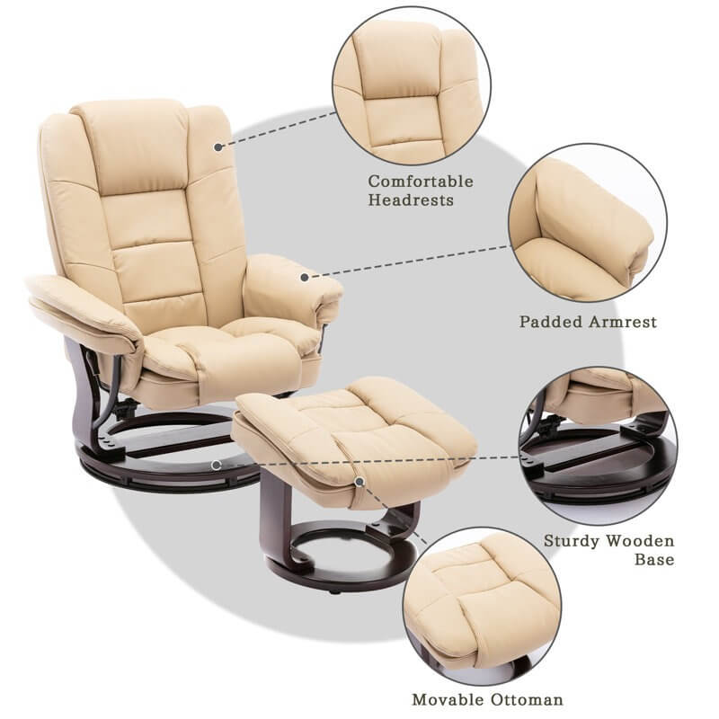 Contemporary Multi-Position Recliner and Curved Ottoman with Swivel Base