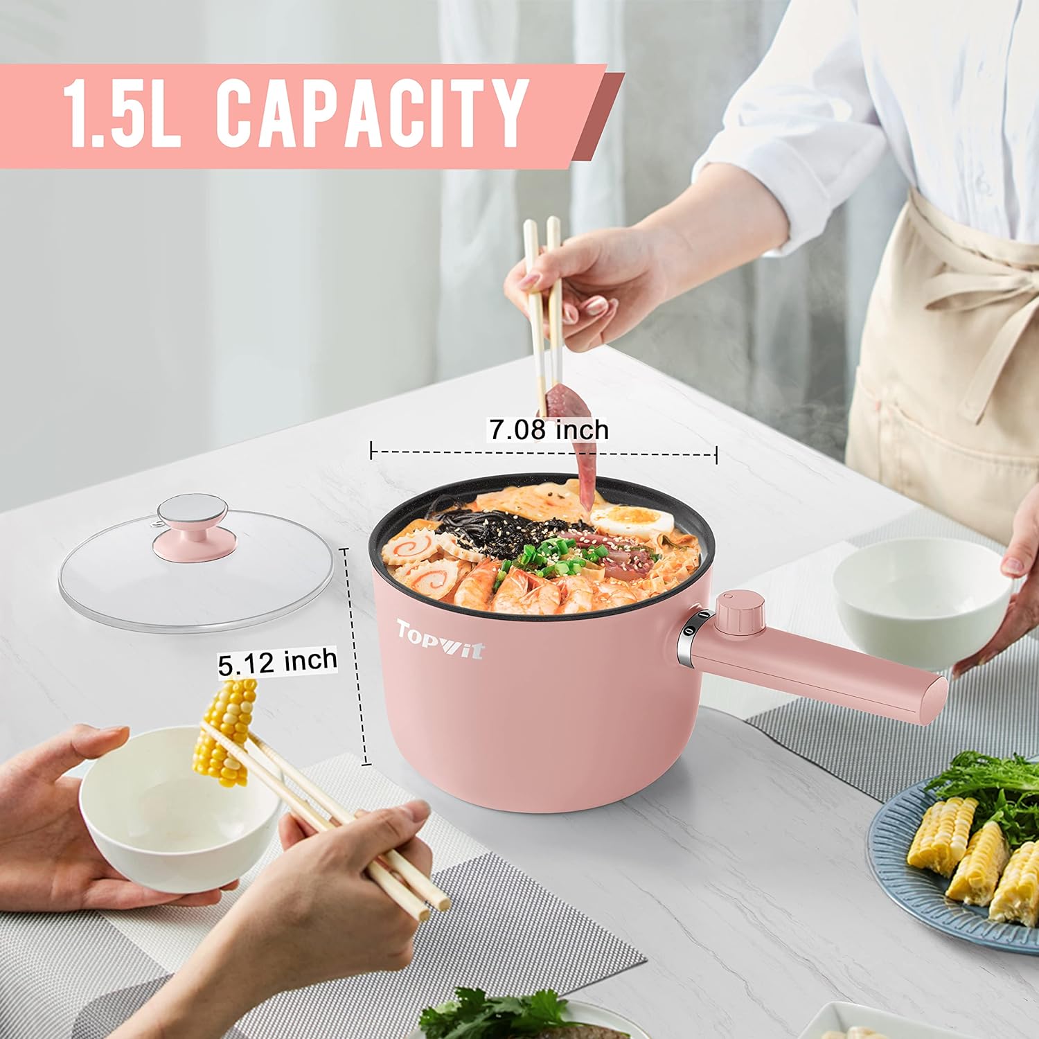 Topwit Hot Pot Electric, 1.5L Ramen Cooker, Portable Non-Stick Frying Pan, Electric Pot for Pasta, Steak, BPA Free, Electric Cooker with Dual Power Control, Over-Heating & Boil Dry Protection, Black