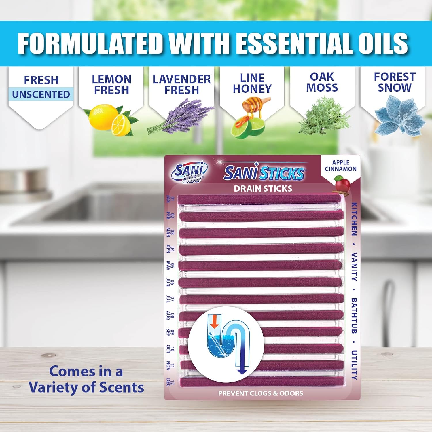 SANI 360° Sani Sticks Drain Cleaner and Deodorizer, Enzyme Pipe Cleaners, Eliminate Odors, Prevent Clogged Drains, Safe for Sinks, Bathtub Drains, Septic Tanks, 24 Count, Lemon Scent