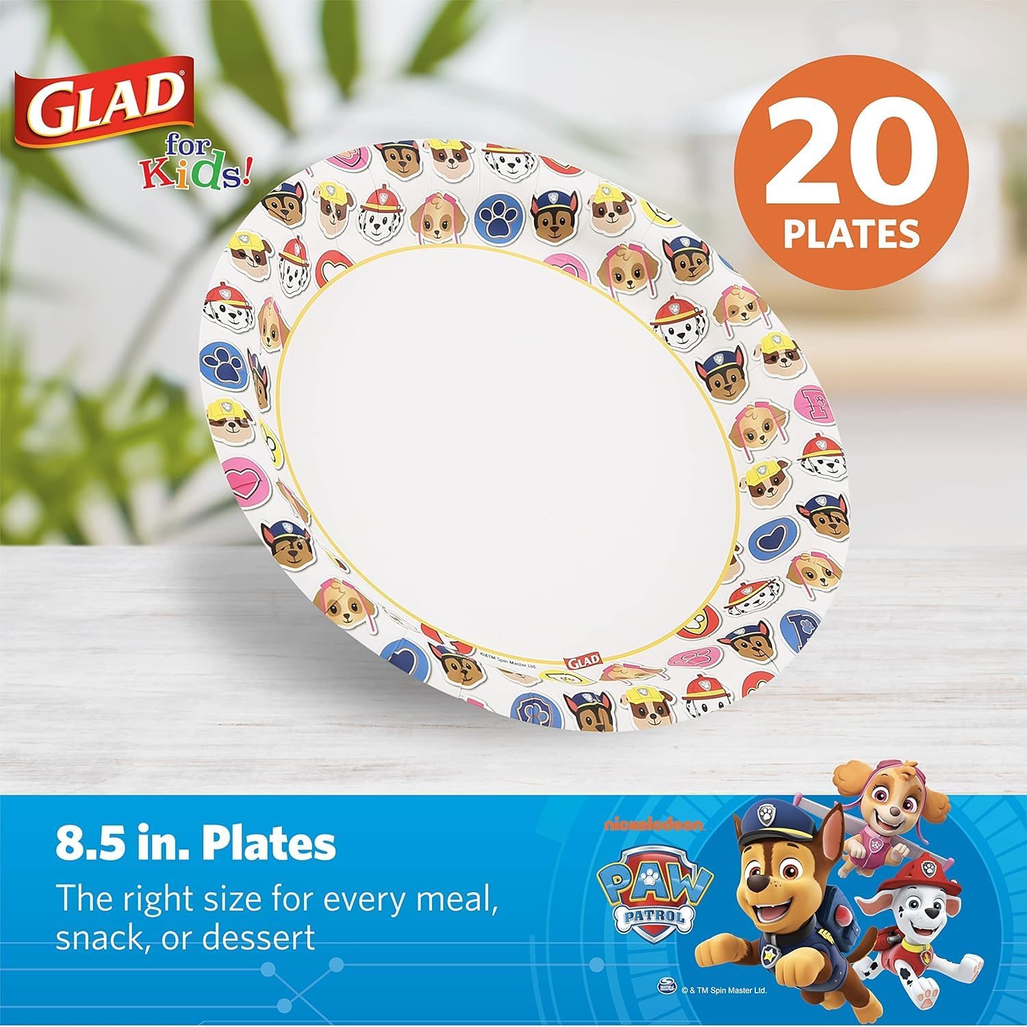 Glad for Kids Paw Patrol Emoji Disposable Paper Plates - Soak Proof, Microwave Safe Snack Plates, Kid Friendly Dinnerware for Everyday Use, 7 Inch, 20 Count