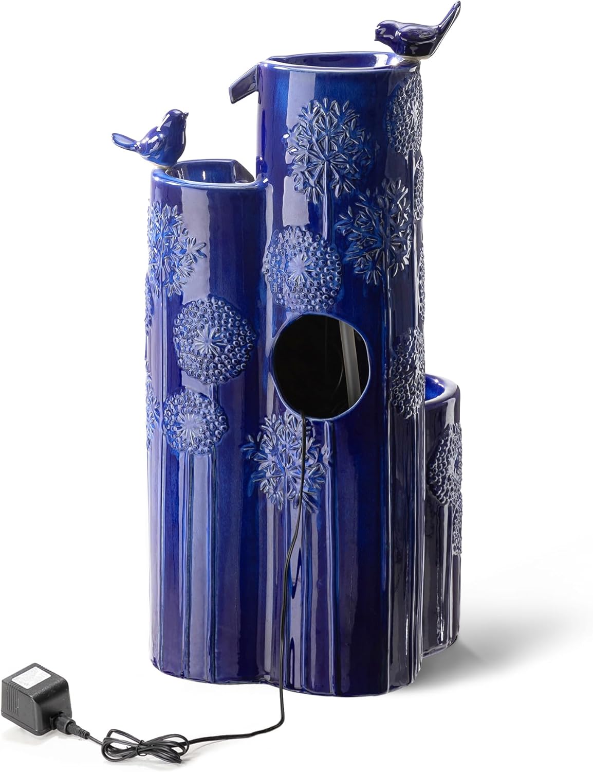 Outdoor Water Fountain with LED Lights and Pump, 4 Tier Dandelion Texture Vase Shaped Ceramic Floor Standing Fountain with Birds for Porch Deck Garden Patio Backyard, Turquoise