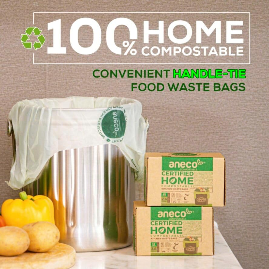 ANECO 100% Compostable Waste Bags 2.6 Gallon, Extra Thick Kitchen Small Compost Bags for Countertop Bin (100 Count)