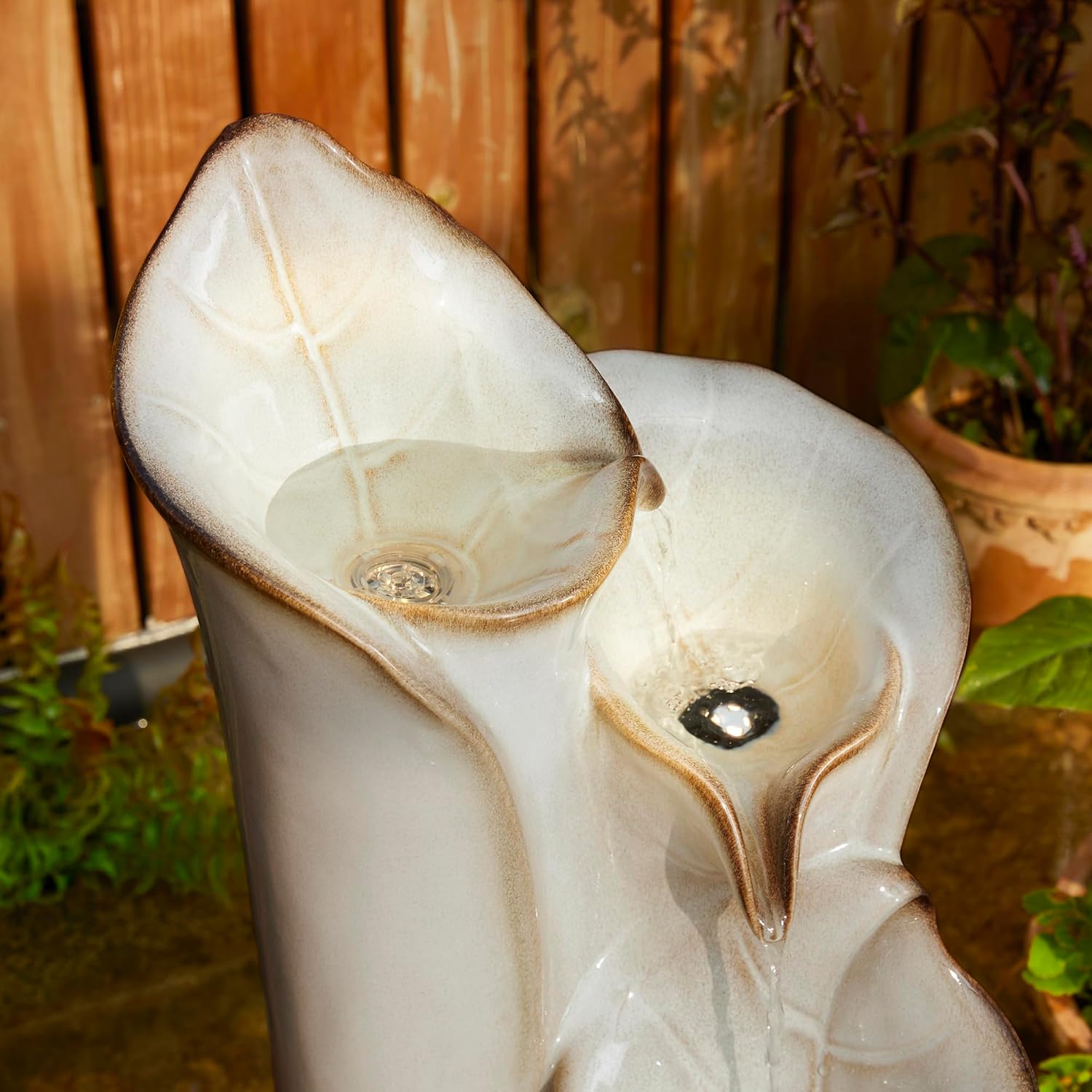 Outdoor Water Fountain with LED Lights and Pump, 4 Tier Dandelion Texture Vase Shaped Ceramic Floor Standing Fountain with Birds for Porch Deck Garden Patio Backyard, Turquoise