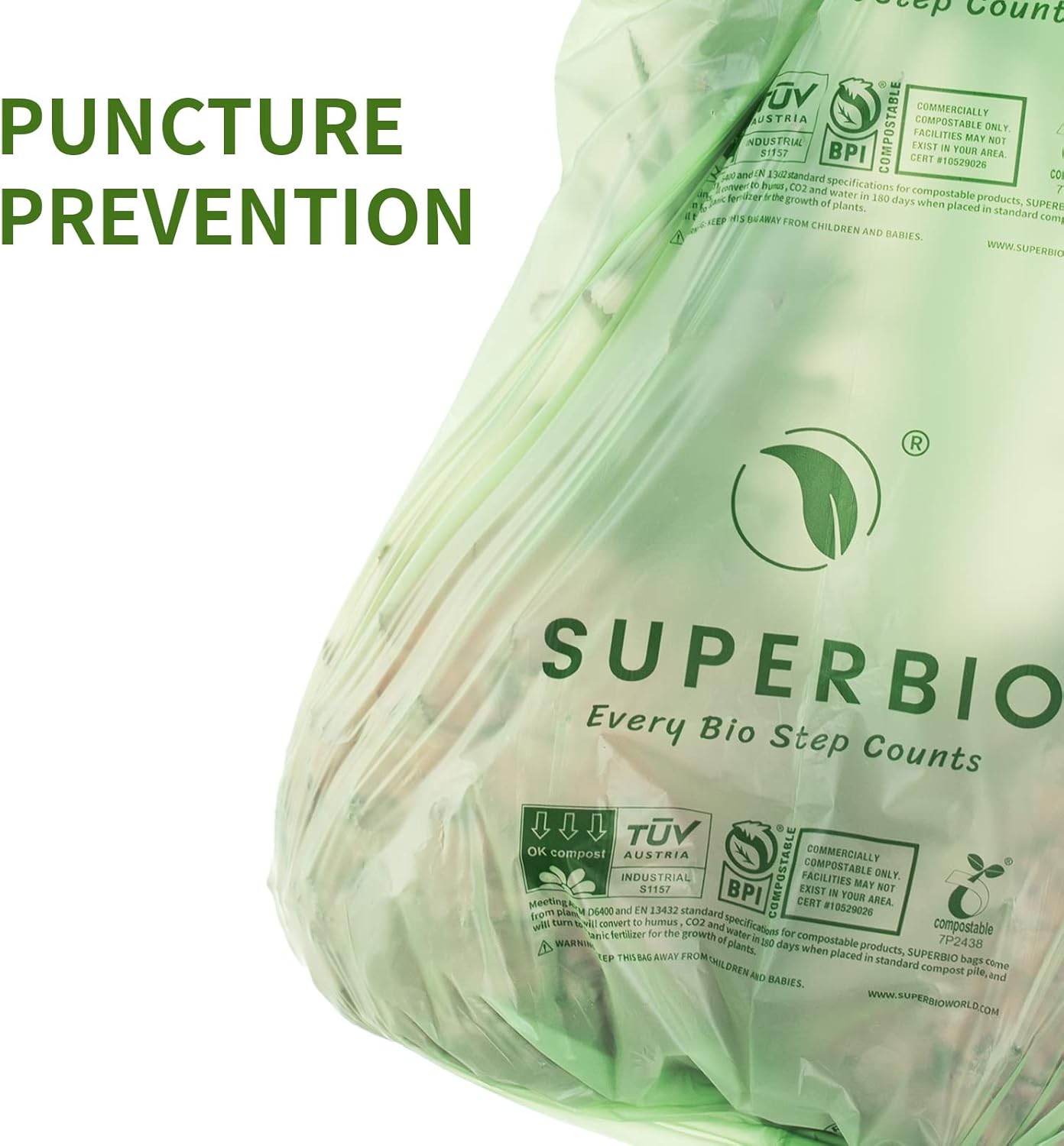 SUPERBIO 1.6 Gallon Handle Tie Compostable Food Scrap Bags For Counter Top Compost Bin, Small Compost Bags, 50 Count, 6 Liter, BPI & OK compost INDUSTRIAL Certified