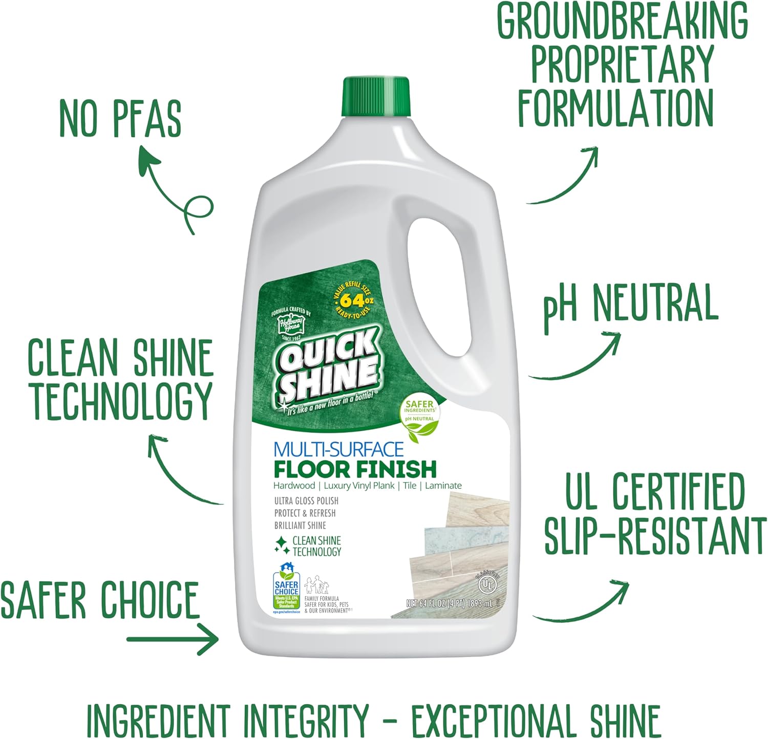 Quick Shine Multi Surface Floor Finish 64oz | Cleaner & Polish to use on Hardwood, Laminate, Luxury Vinyl Plank LVT, Tile & Stone