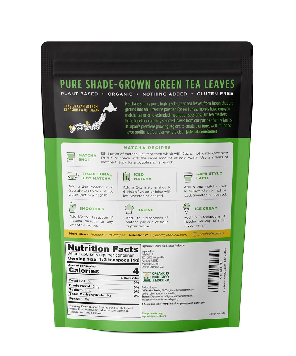 Jade Leaf Matcha Organic Green Tea Powder - Culinary Grade Premium Second Harvest - Authentic Japanese Origin (1.06 Ounce Pouch)