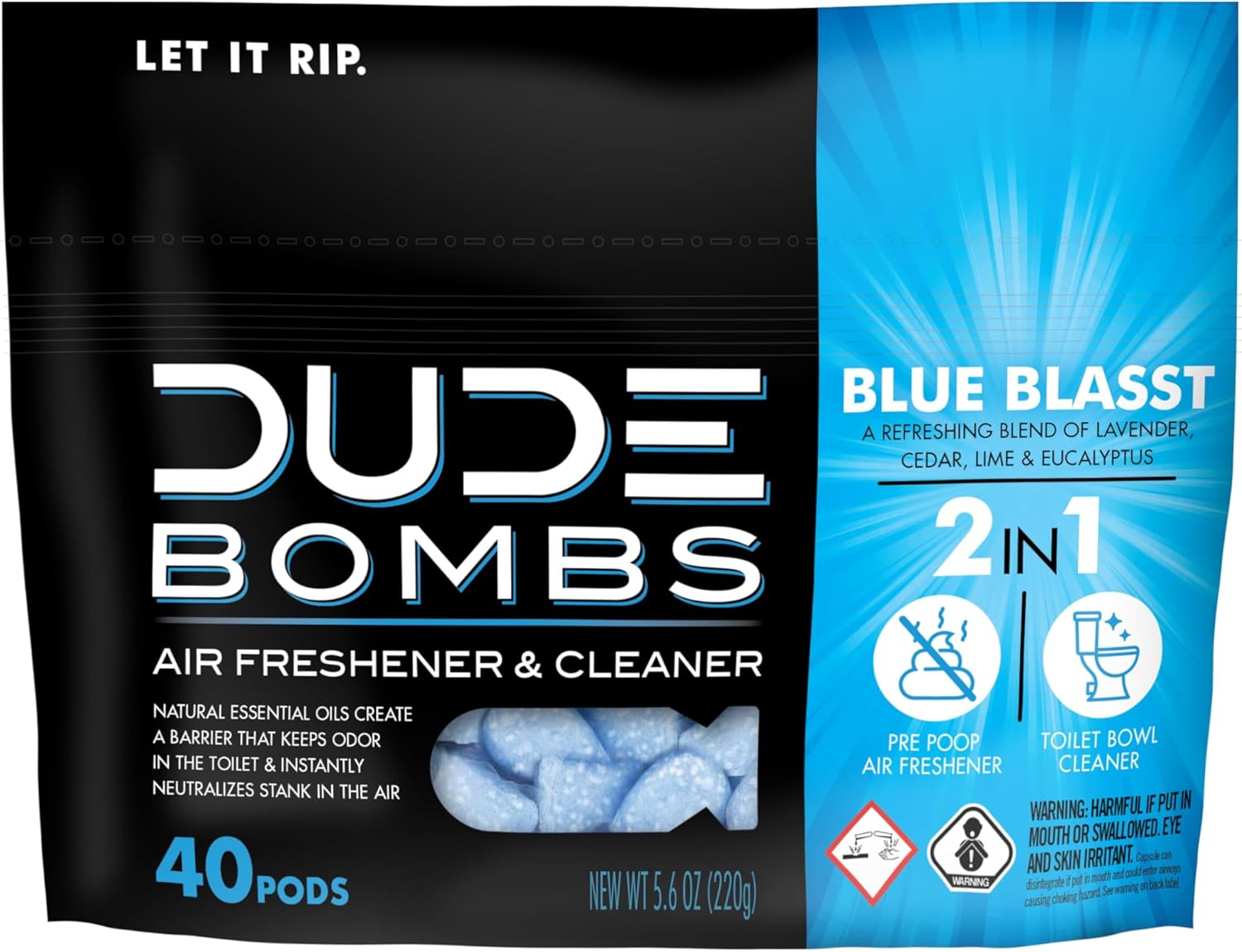 DUDE Bombs - Toilet Stank Eliminator - 1 Pack, 40 Pods - Fresh Scent 2-in-1 Stank Eliminator + Toilet Bowl Freshener - Refreshing Blend of Lavender, Cedar, Lime, and Eucalyptus