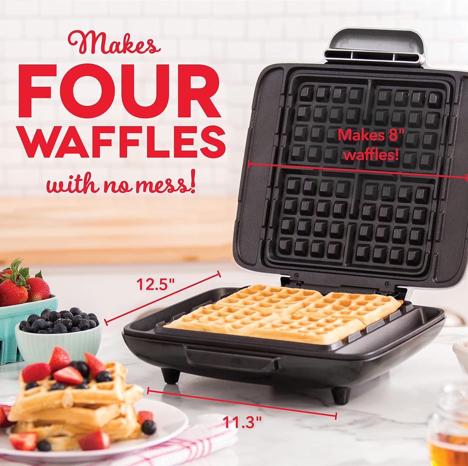 DASH No-Drip Waffle Maker - Four Waffle Molds, Nonstick Waffle Iron with Quick Heat-Up, Nonstick Surface - Perfect Waffle Maker for Kids and Families, Just Add Batter