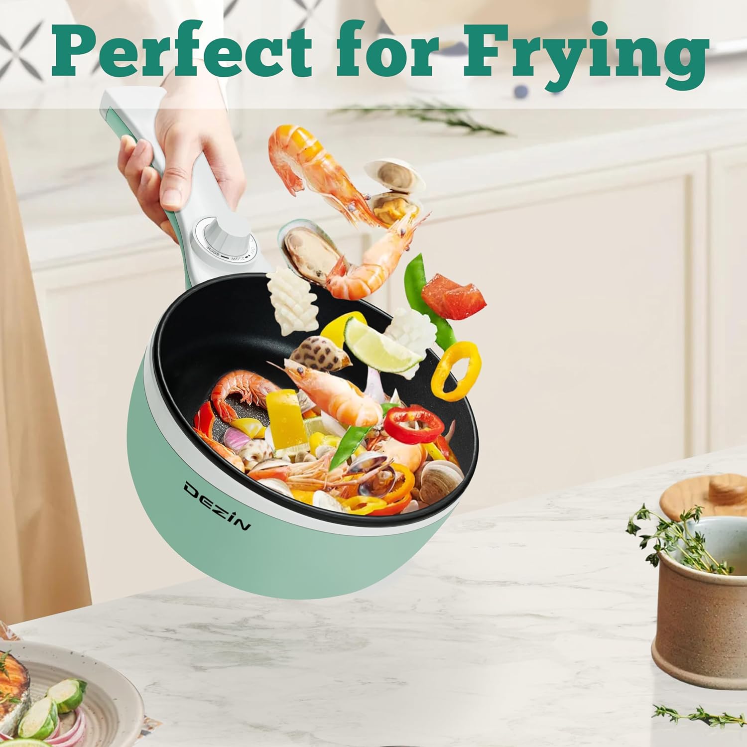 Dezin Hot Pot Electric Upgraded, Non-Stick Sauté Pan, Rapid Noodles Electric Pot, 1.5L Mini Portable Hot Pot for Steak, Egg, Fried Rice, Ramen, Oatmeal, Soup with Power Adjustment(Egg Rack Included)