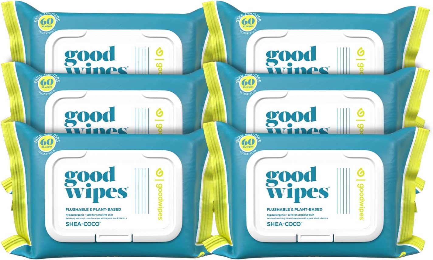 Goodwipes Flushable & Plant-Based Wipes with Botanicals | Dispenser for At-Home Use | Shea-Coco with Aloe Septic and Sewer Safe | 360 count (6 packs) - Biggest Adult Wipes