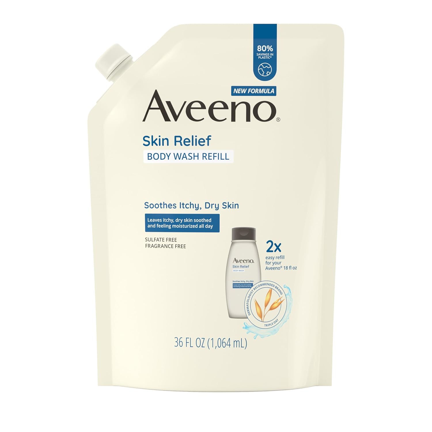 Aveeno Skin Relief Body Wash with Triple Oat Formula Soothes Itchy and Dry Skin, Fragrance Free Body Wash for Sensitive Skin, 33 FL OZ