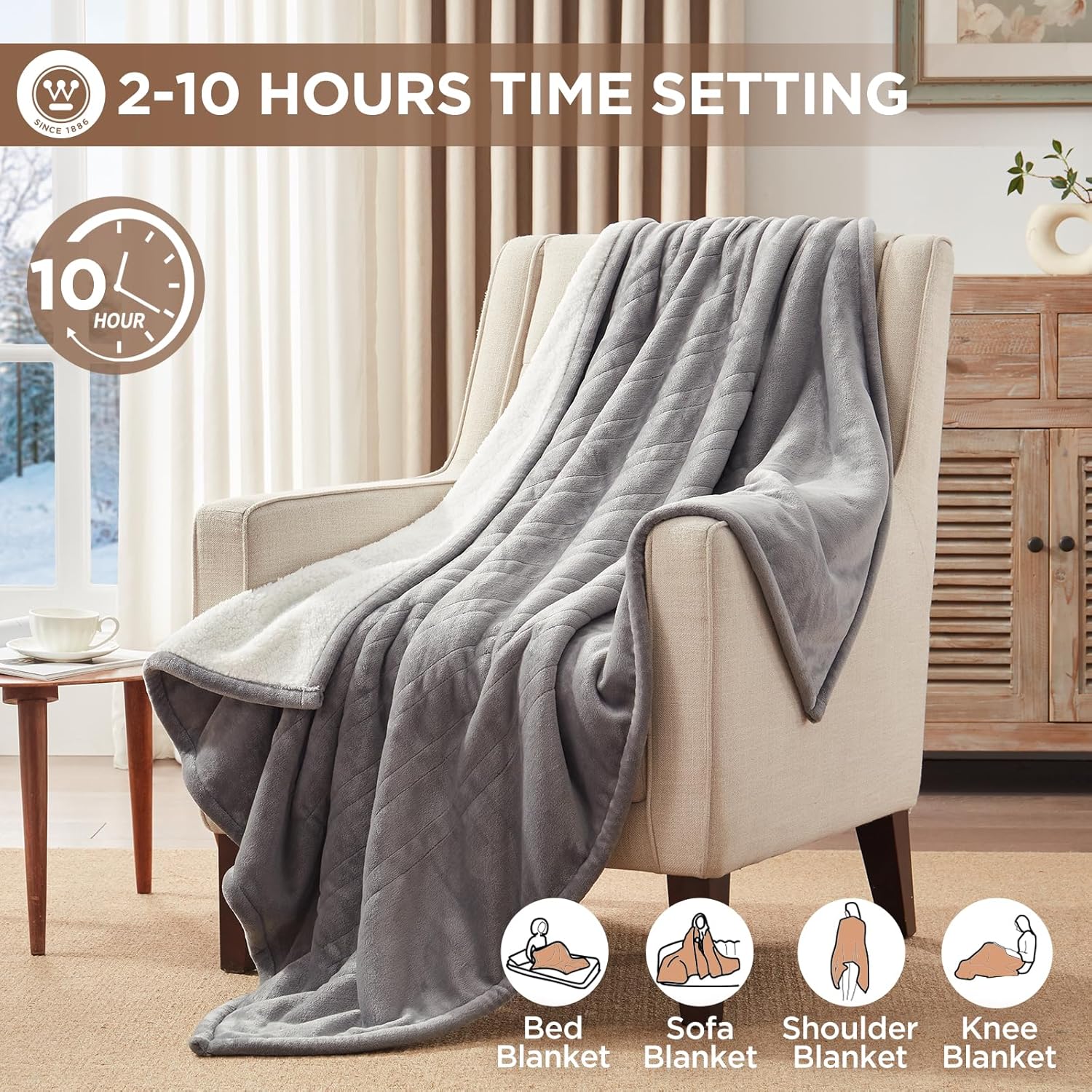Westinghouse Heated Throw Blanket, Soft Flannel to Sherpa Electric Throw with 6 Heating Levels, 2-10 Hours Time Settings, Fast Heating, Machine Washable 50x60 Inch, Charcoal