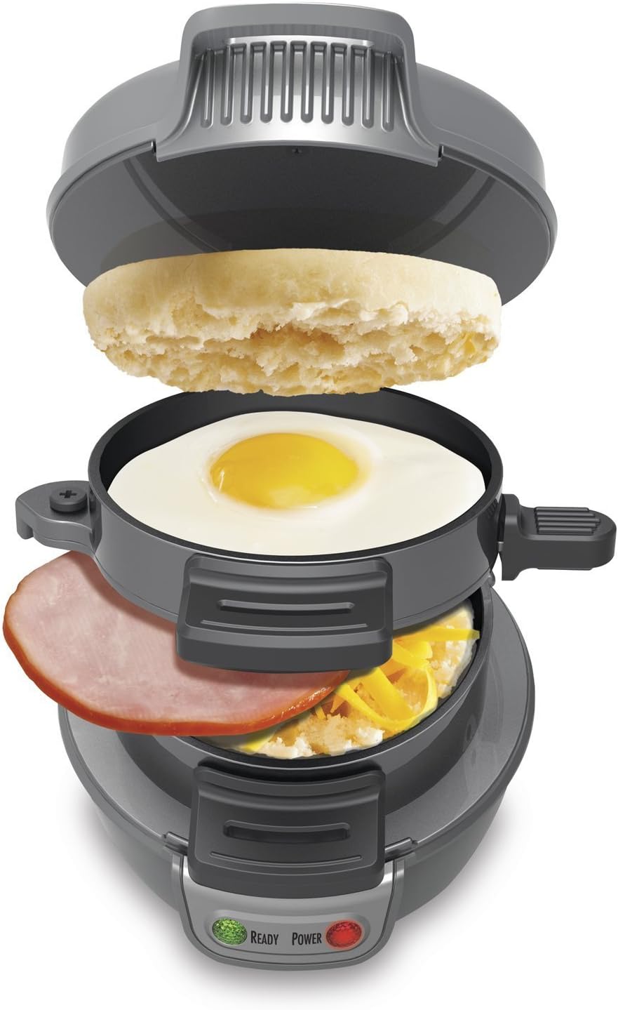 Hamilton Beach Breakfast Sandwich Maker with Egg Cooker Ring, Customize Ingredients, English Muffins, Croissants, Mini Waffles, Perfect White Elephant Gifts, Single, Black