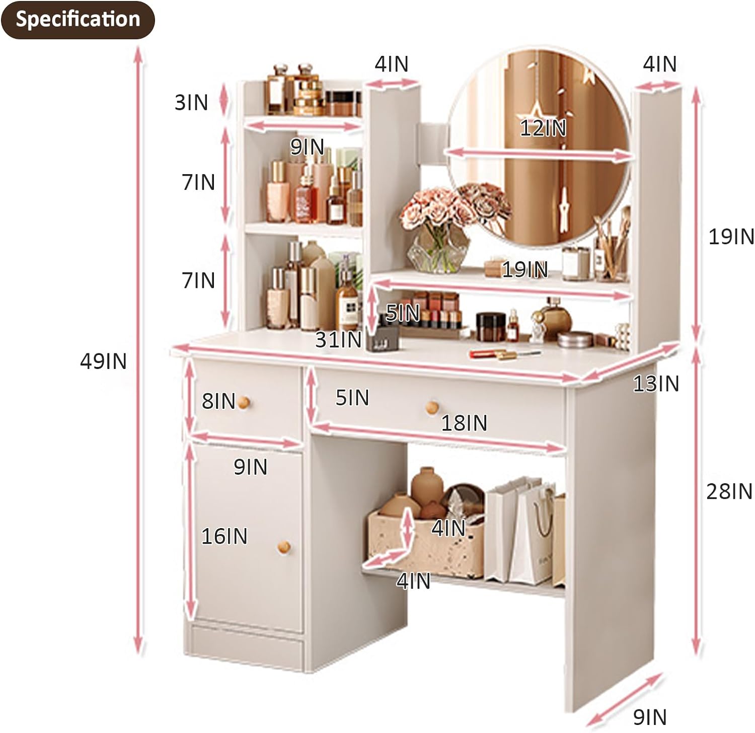 Makeup Vanity - Vanity Table with Three Adjustable Mirror Lightings, Added Storage Shelf, Multiple Chairs, Makeup Table for Bedroom