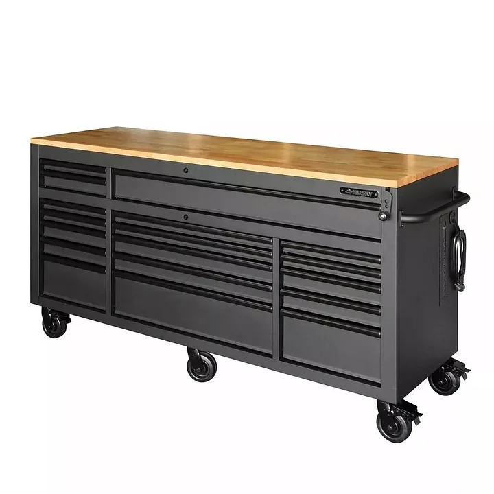 Heavy duty 72 in. W 18 Drawer Deep Tool Box Mobile Workbench in Matte Black with Adjustable Height Hardwood Top
