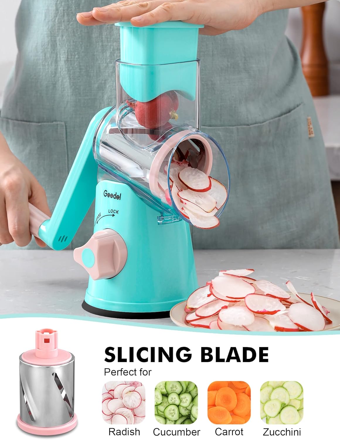 Geedel Rotary Cheese Grater, Kitchen Mandoline Vegetable Slicer with 3 Interchangeable Blades, Easy to Clean Grater for Fruit, Vegetables, Nuts