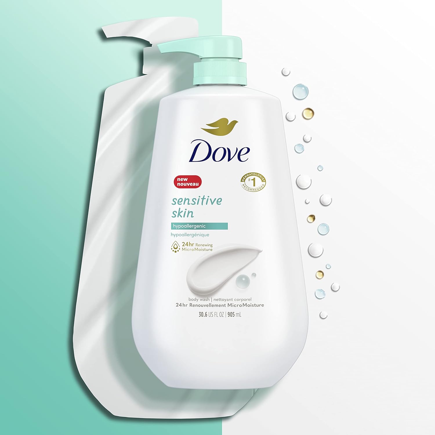 Dove Body Wash 3 Count with Pump Sensitive Skin Hypoallergenic, Paraben-Free, Sulfate-Free, Cruelty-Free, Moisturizing Skin Cleanser Effectively Washes Away Bacteria While Nourishing Skin 30.6 oz