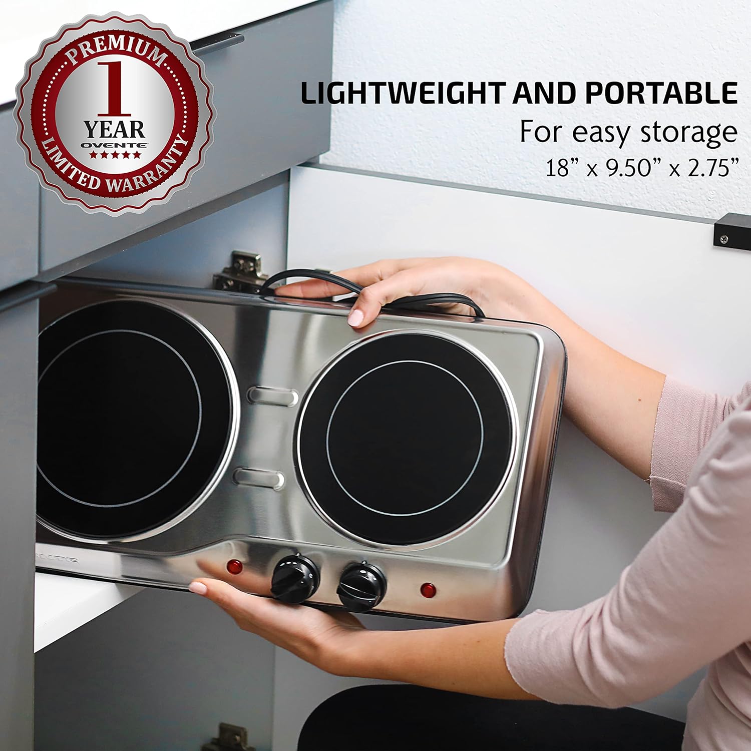 OVENTE Countertop Infrared Single Burner, 1000W Electric Hot Plate with 7” Ceramic Glass Cooktop, 5 Level Temperature Setting & Easy to Clean Base, Compact Stove for Home Dorm Office, Silver BGI101S