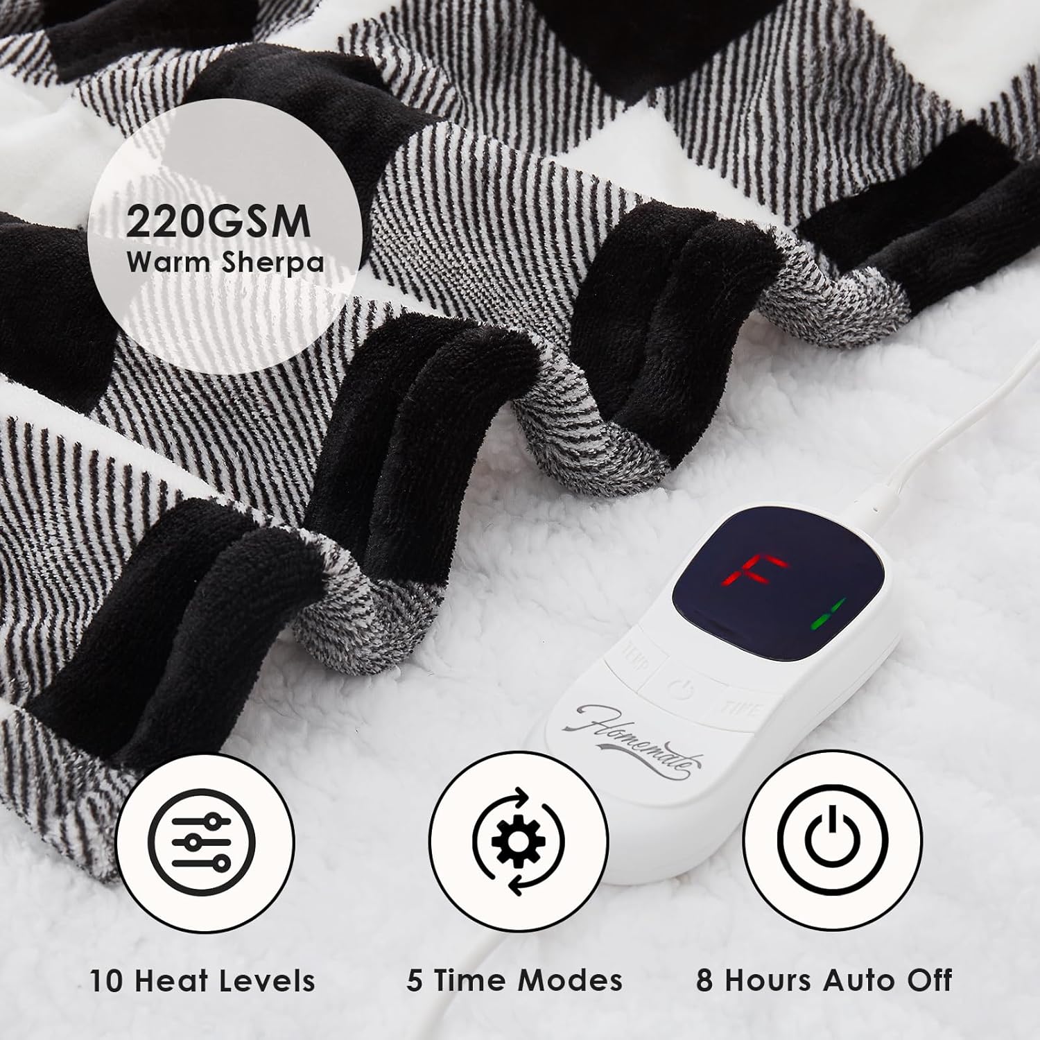 Homemate Electric Blanket Heated Throw - 50“x60“ Ultra Soft Cozy Flannel Heating Blanket with 10 Fast Heat Levels 8 Hours Auto Off Over-Heated Protection ETL Certification Keep Warm in Home Office