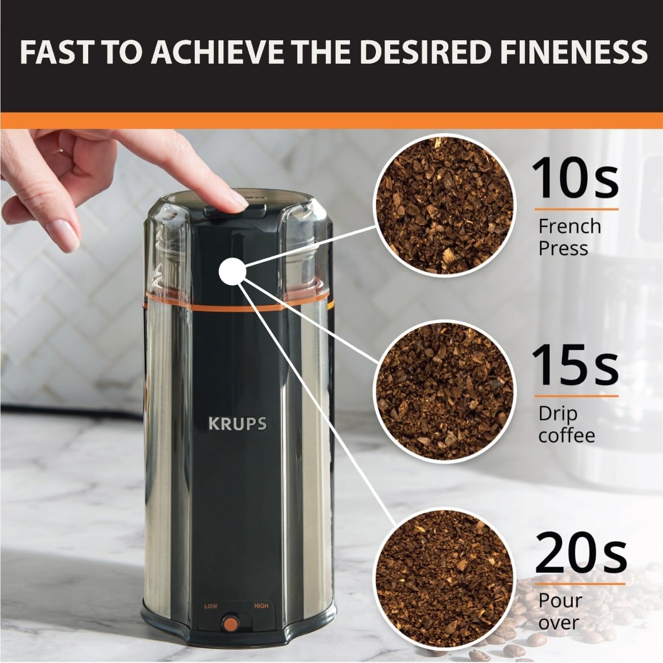 Krups One-Touch Coffee and Spice Grinder 3 Ounce Bean Hopper Easy to Use, One Touch Operation 200 Watts Coffee, Spices, Dry Herbs, Nuts, 12 Cup Black