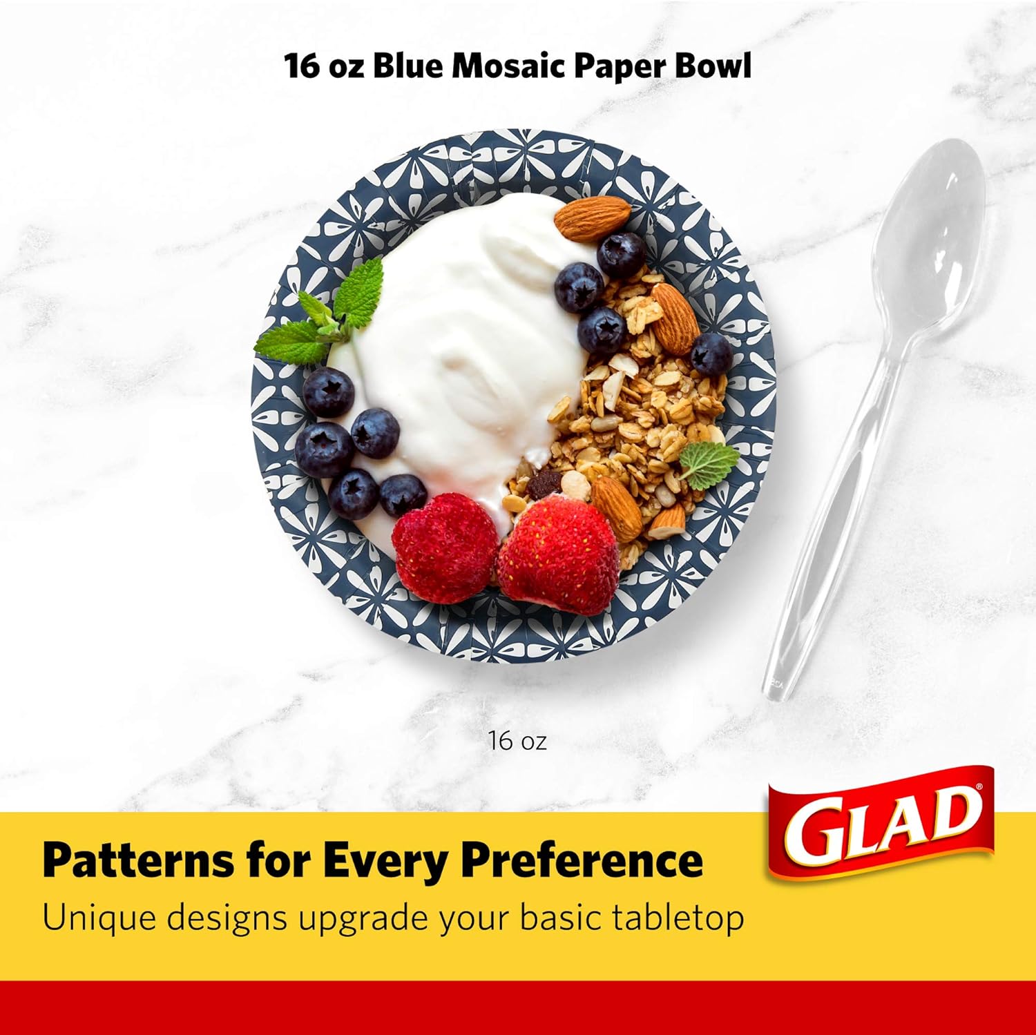 Glad 16 oz Paper Bowls With Daisy Design | Disposable Paper Bowls for Parties and Picnics Daisy Print | Microwave Safe Disposable Paper Bowls for Everyday Use, 16 Oz Blue Mosaic
