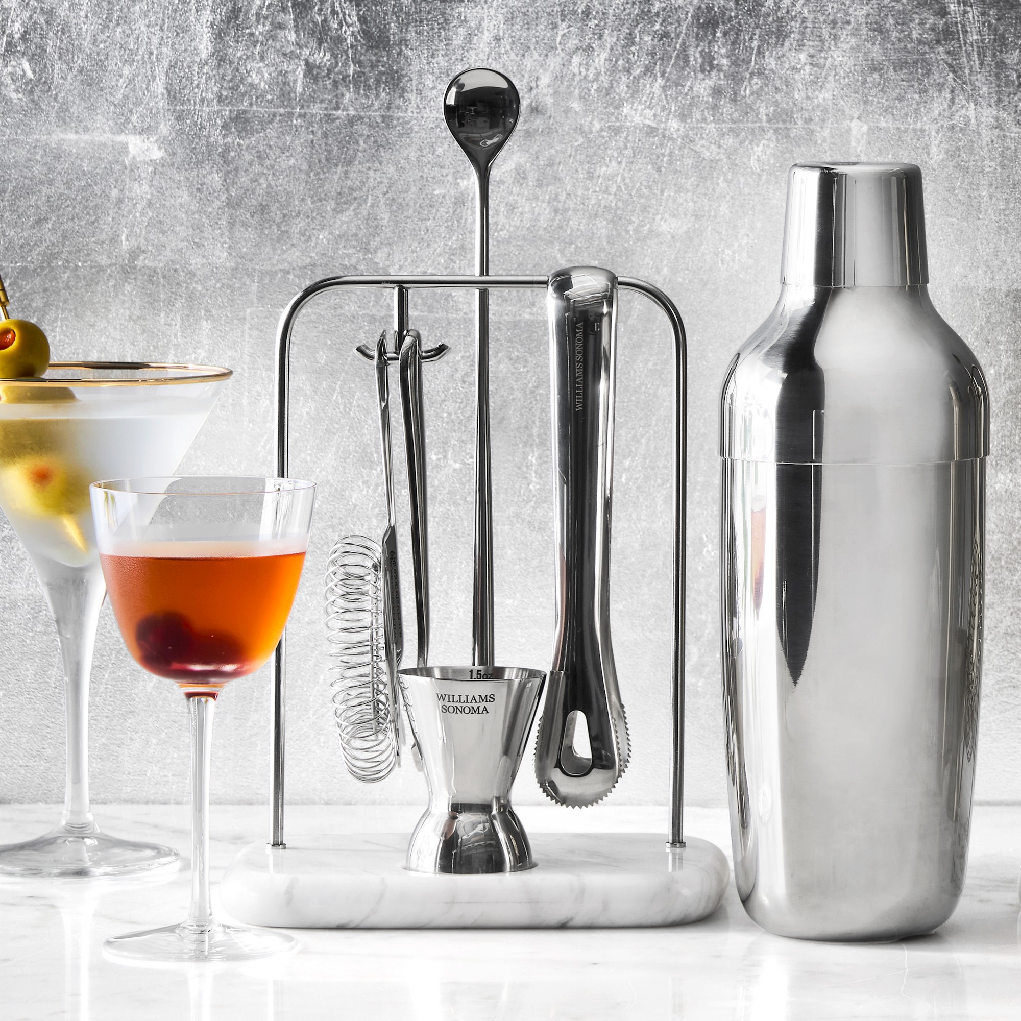 Williams Sonoma Encore Bar Tool Set with Marble Stand & Shaker