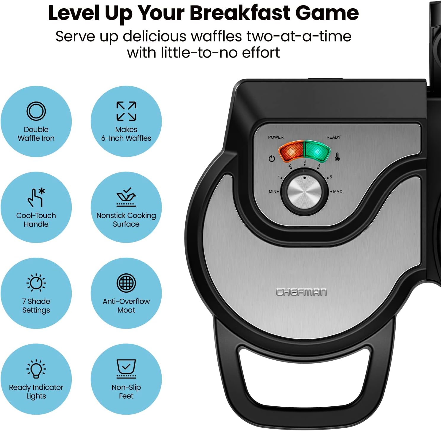 Chefman Anti-Overflow Belgian Waffle Maker w/Shade Selector, Temperature Control, Mess Free Moat, Round Iron w/Nonstick Plates & Cool Touch Handle, Measuring Cup Included, Black