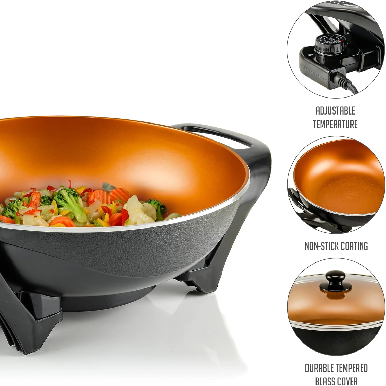 OVENTE 12 Inch Electric Skillet and Frying Pan with Nonstick Coating, 1400W Power, Adjustable Temperature Control, Tempered Glass Lid with Vent and Cool Touch Handles, Black SK11112B