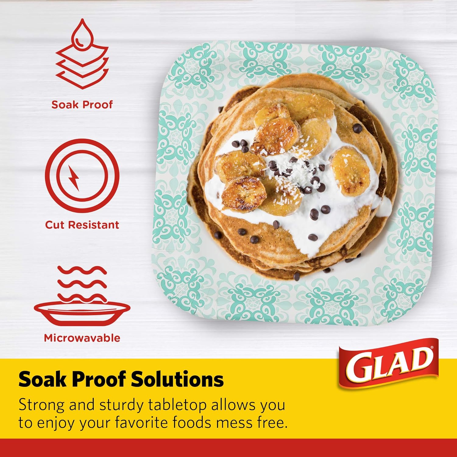 Glad Square Disposable Paper Plates for All Occasions | Soak Proof, Cut Proof, Microwaveable Heavy Duty Disposable Plates | 8.5