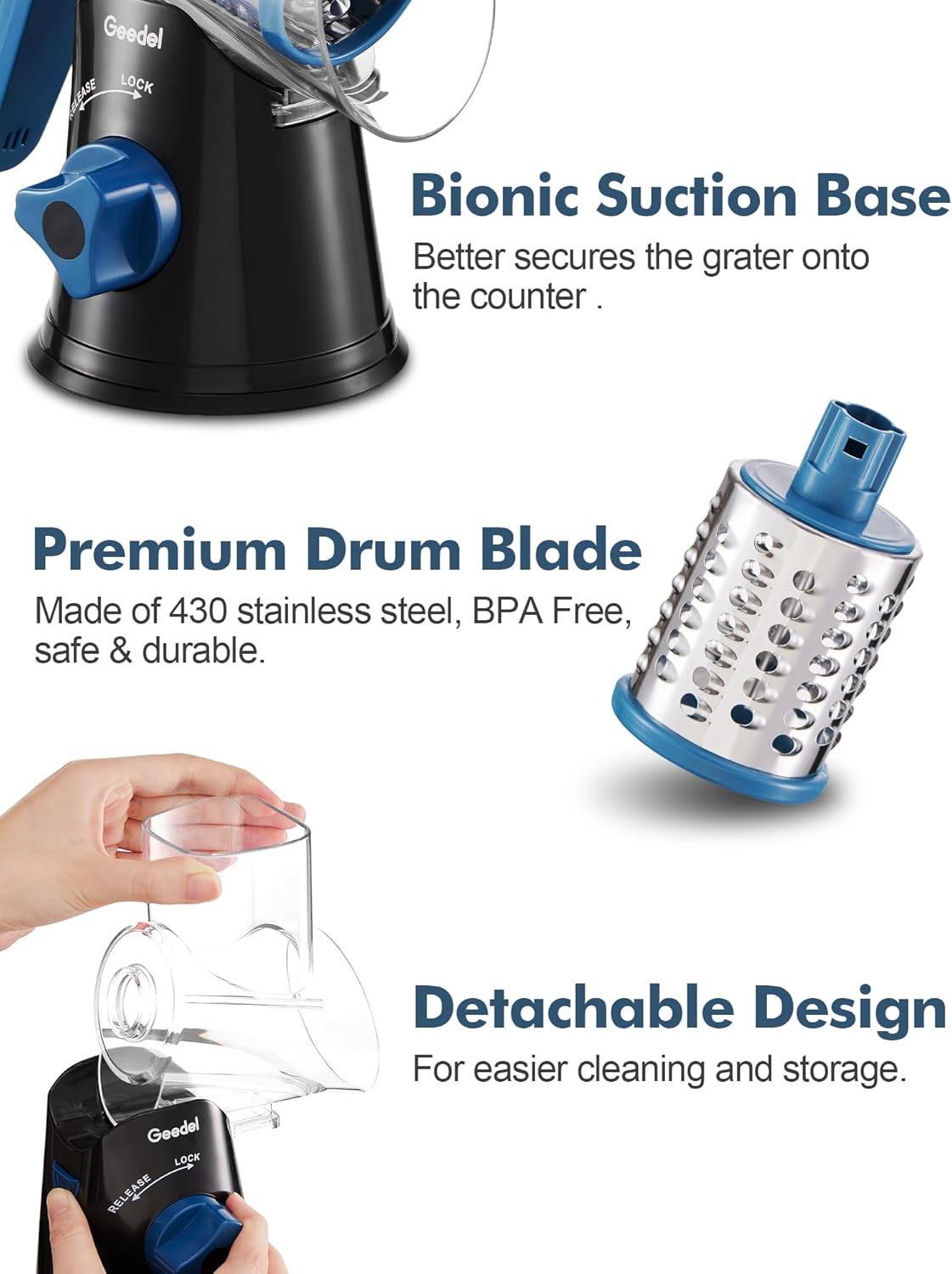 Geedel Rotary Cheese Grater, Kitchen Mandoline Vegetable Slicer with 3 Interchangeable Blades, Easy to Clean Grater for Fruit, Vegetables, Nuts