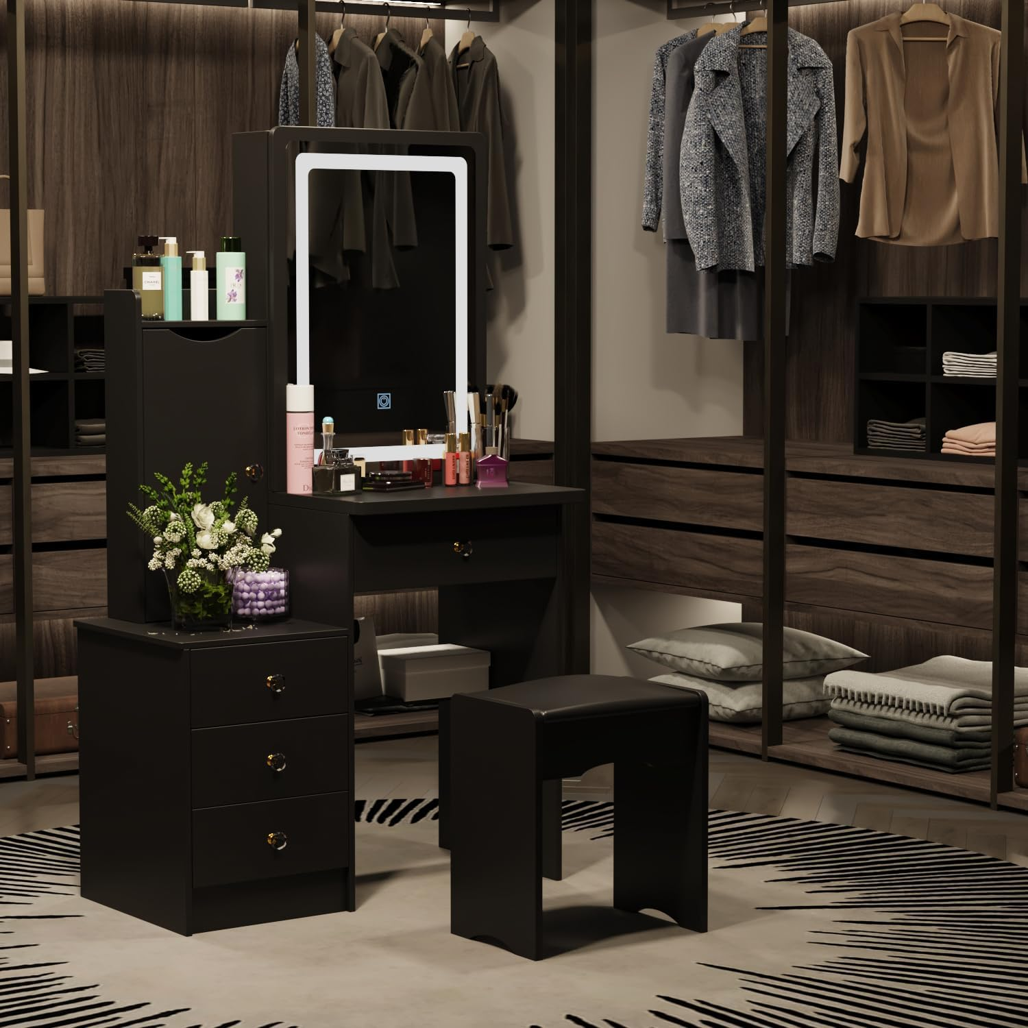 PREMTURE Dressing Table with LED Lighting, Cosmetic Table with Open Shelf and 4 Drawers, Dressing Table with Stool, Dressing Tables, Large Storage Space, MDF, 90 W x 40 D x 135 H cm