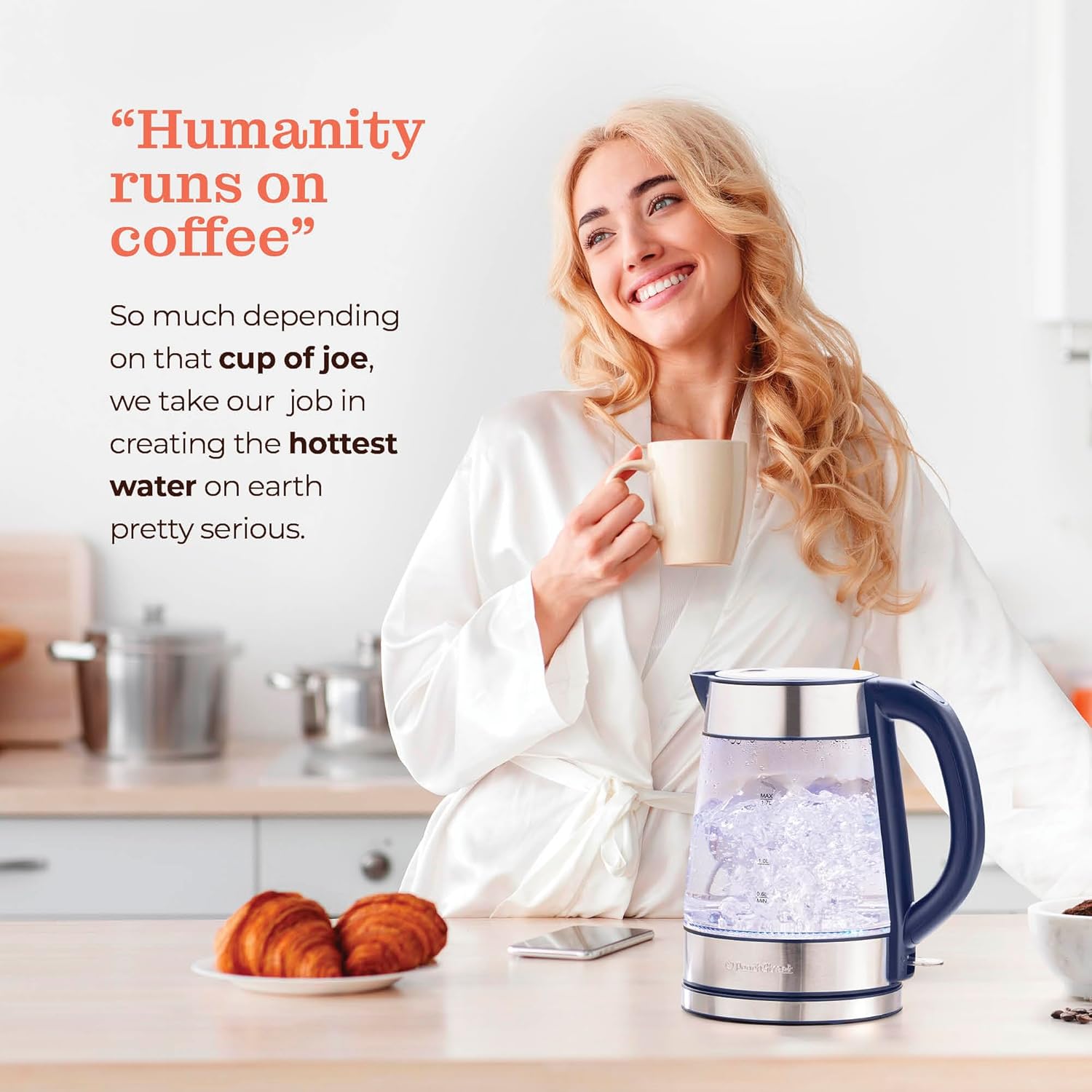 Speed-Boil Electric Kettle For Coffee & Tea - 1.7L Water Boiler 1500W, Borosilicate Glass, Easy Clean Wide Opening, Auto Shut-Off, Cool Touch Handle, LED Light. 360° Rotation, Boil Dry Protection