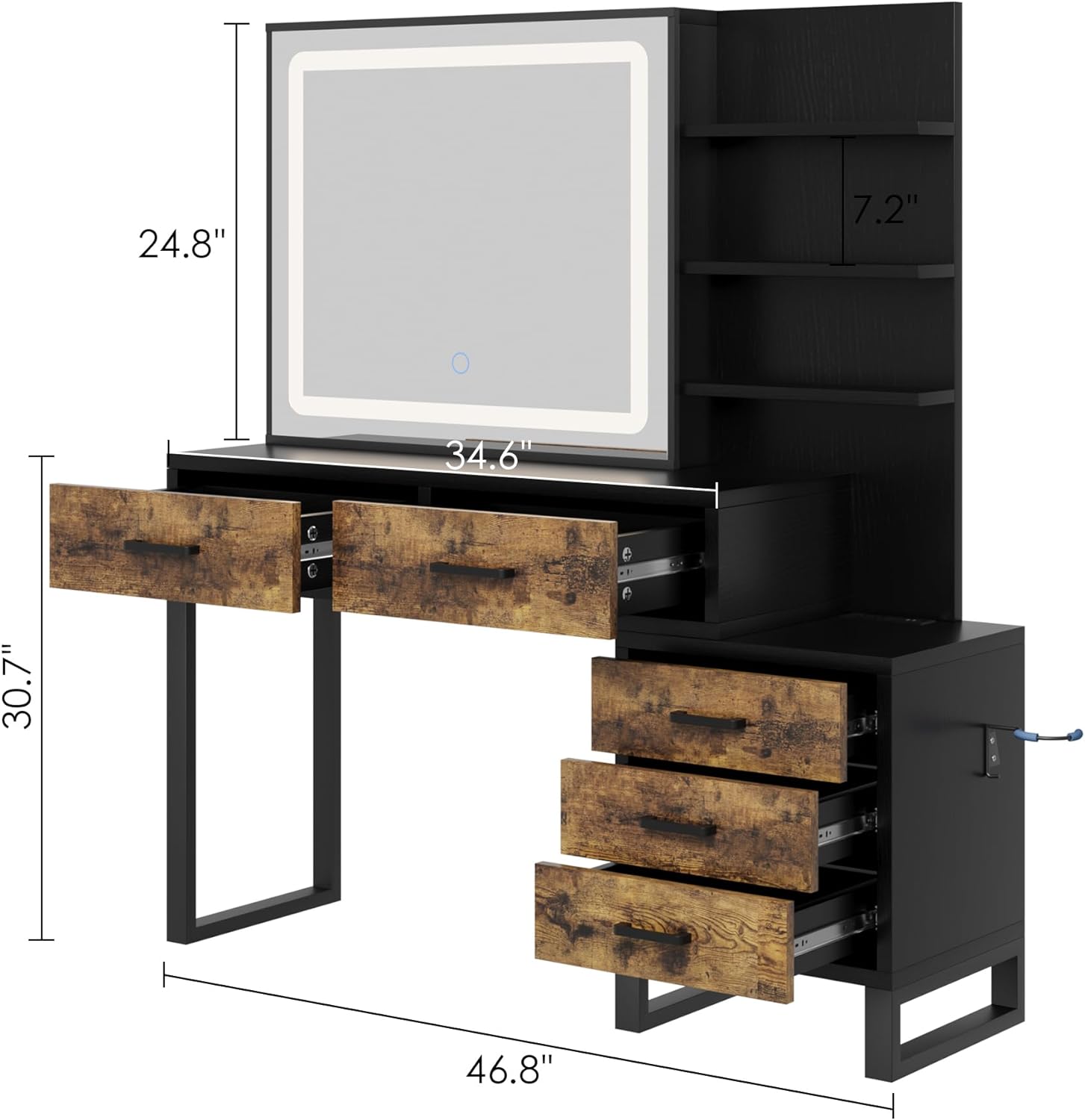 GAOMON Vanity Desk, Makeup Vanity with Adjustable LED Lighted Sliding Mirror, Charging Station, Vanity Table with 5 Drawers, Cabinet, Shelf and Stool, Bedroom Retro Black