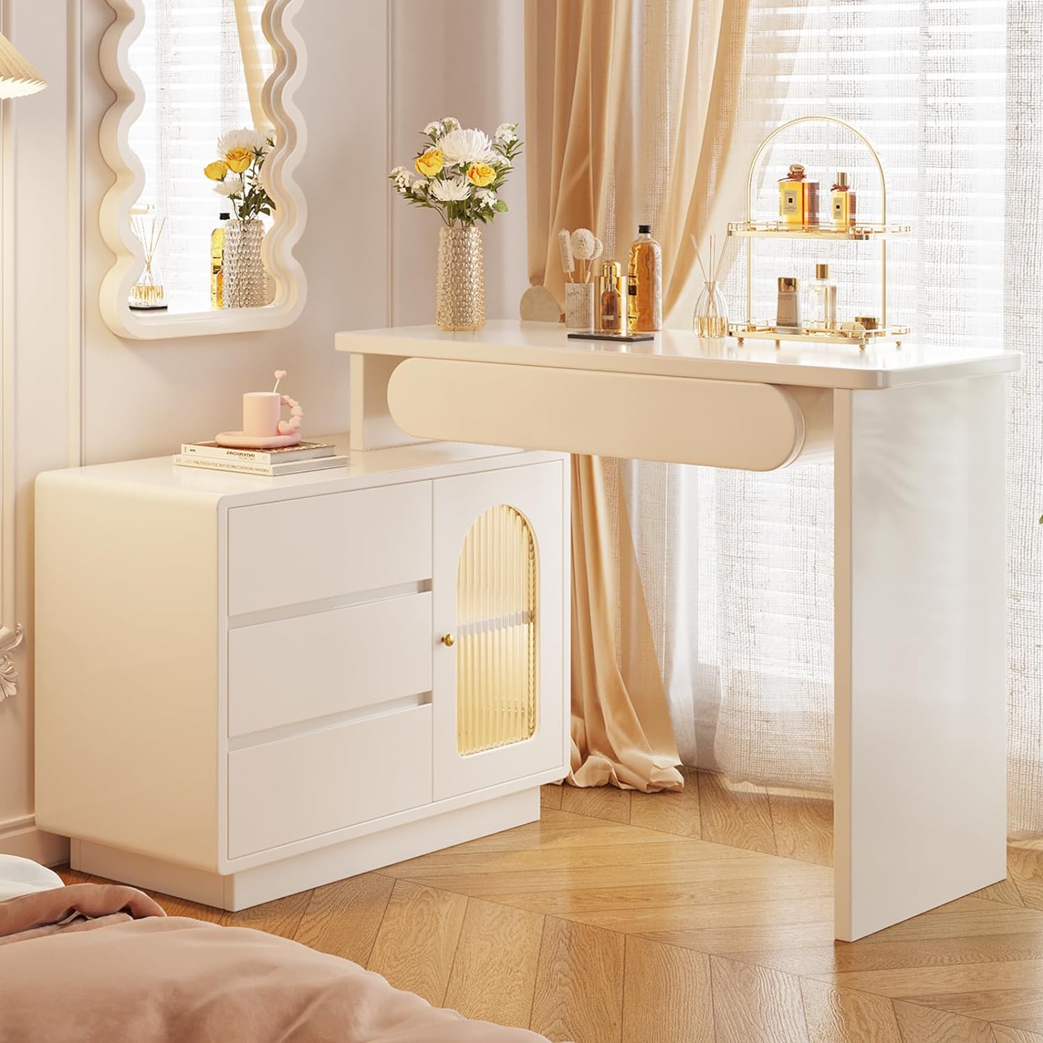 OEZEOM Makeup Vanity Desk Mirror with Table Chair Set, Dressing Table with Drawers Modern Minimalist Furniture Decor for Bedroom and Dressing Room,White