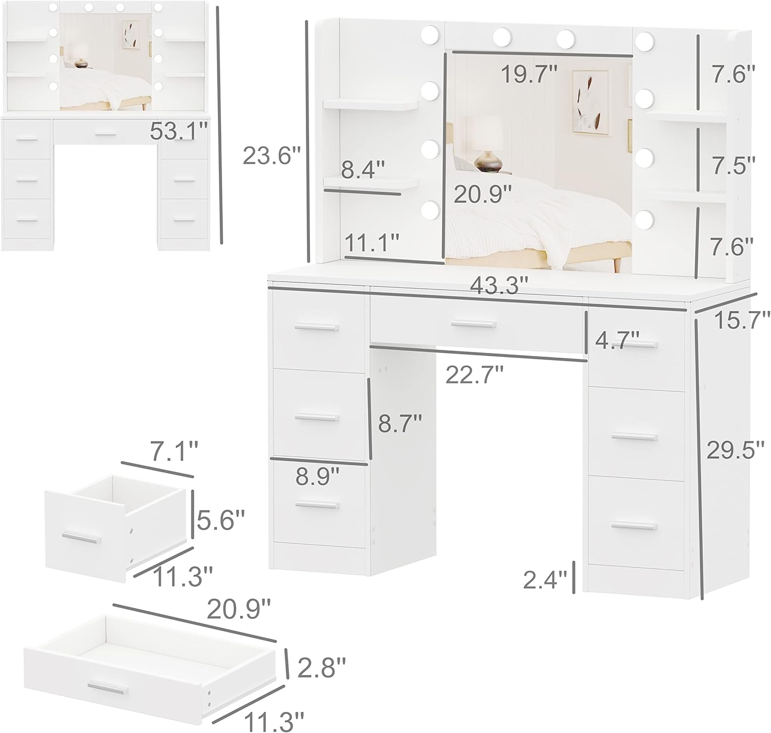 Irontar Vanity Desk, Makeup Vanity with 10 LED Lights & 7 Metal Sliding Drawers, Brightness Adjustable, Vanity Table with 6 Open Shelves, Bedroom Makeup Table for Women Girls, White WDT005W