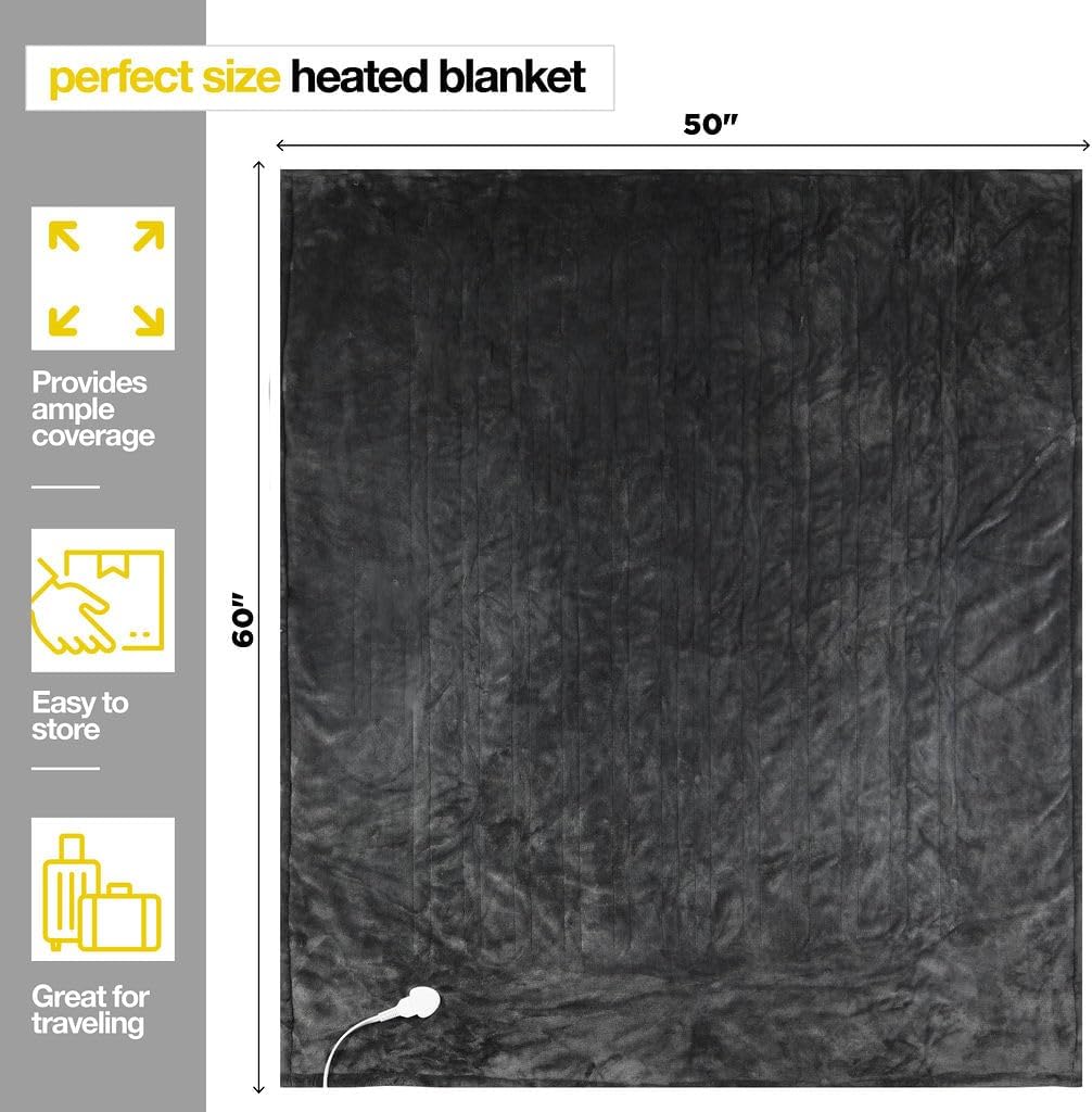 Medical king Heated Blanket, Machine Washable Extremely Soft & Comfortable Electric Blanket Throw Fast Heating with Hand Controller 10 Heating Settings & auto Shut-Off (Gray, 50 x 60)