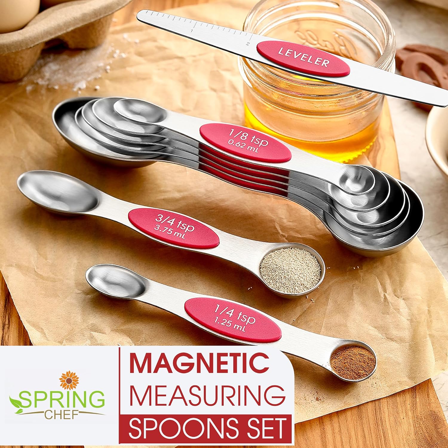 Spring Chef Magnetic Measuring Spoons Set with Strong N45 Magnets, Heavy Duty Stainless Steel Metal, Fits in Most Kitchen Spice Jars for Baking & Cooking, BPA Free, Black, Set of 8 with Leveler
