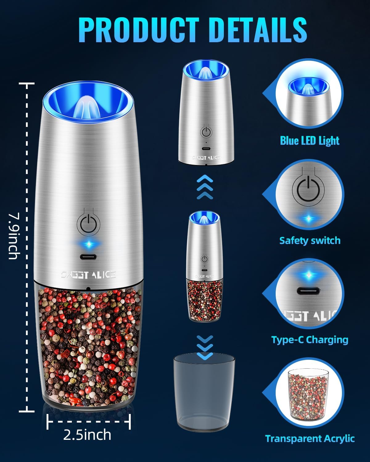 Sweet Alice Gravity Electric Pepper and Salt Grinder Set, Adjustable Coarseness, Battery Powered with LED Light, One Hand Automatic Operation, Stainless Steel Black, 2 Pack