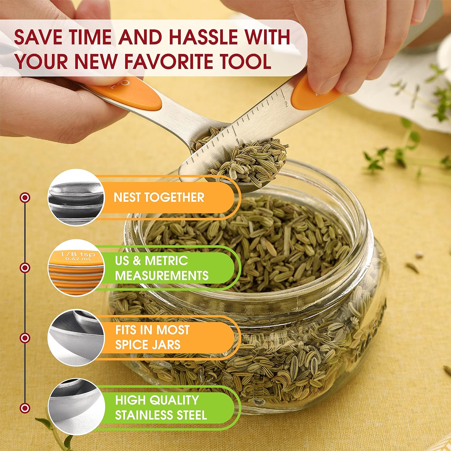 Spring Chef Magnetic Measuring Spoons Set with Strong N45 Magnets, Heavy Duty Stainless Steel Metal, Fits in Most Kitchen Spice Jars for Baking & Cooking, BPA Free, Black, Set of 8 with Leveler