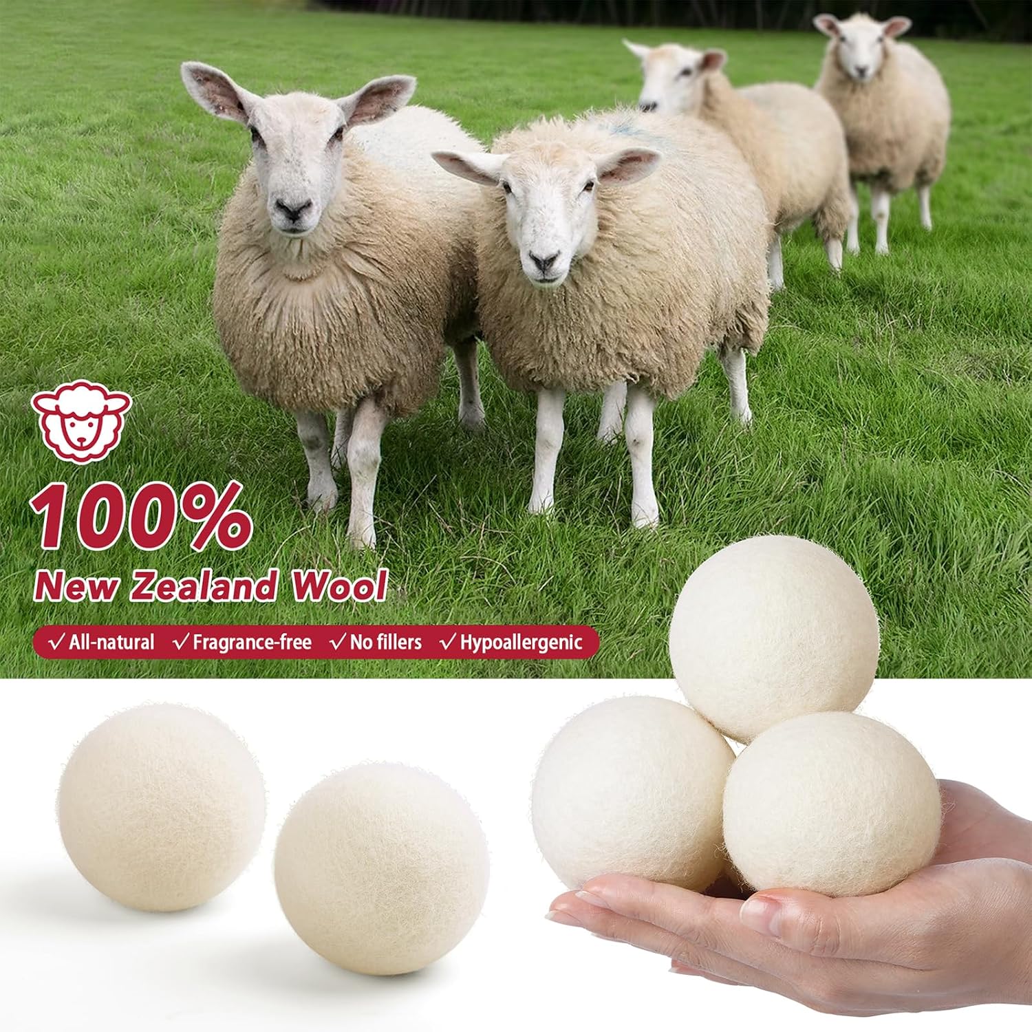 6 Pack All Natural Organic Wool Dryer Balls XL Size - Reusable Chemical Free Natural Fabric Softener, Anti Static, Reduces Clothing Wrinkles and Saves Drying Time