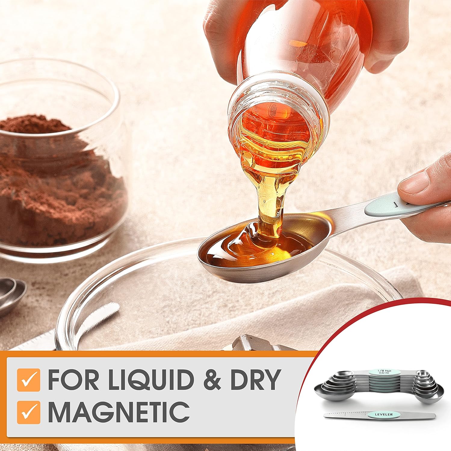 Spring Chef Magnetic Measuring Spoons Set with Strong N45 Magnets, Heavy Duty Stainless Steel Metal, Fits in Most Kitchen Spice Jars for Baking & Cooking, BPA Free, Black, Set of 8 with Leveler